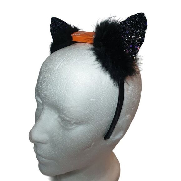Sparkle Black Glitter Fuzzy Feathers Cat Ears Headband NWT - Picture 5 of 7